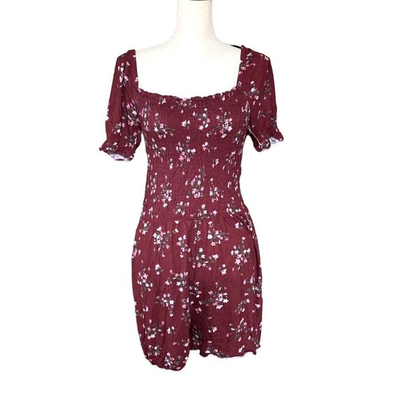 Vintage casual shirred short sleeves floral‎ burgundy romper women size M/L - Picture 1 of 9